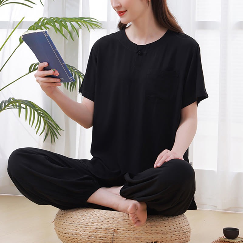 2Pcs Half Sleeve T-Shirt Pants Meditation Zen Tai Chi Cotton Linen Clothing Unisex Set