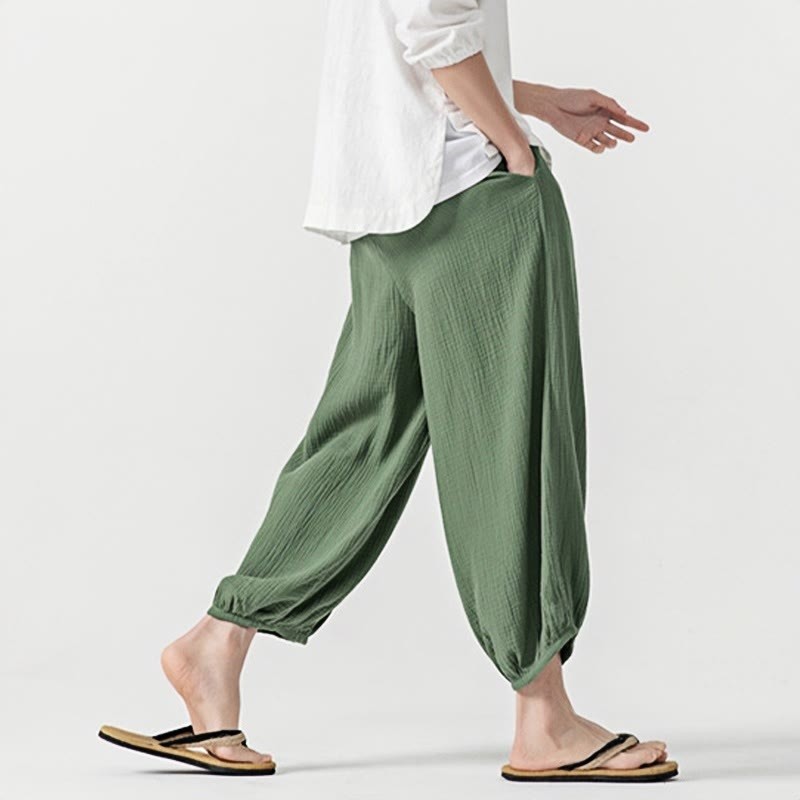 Soft Solid Color Drawstring Cotton Men's Pants With Pockets