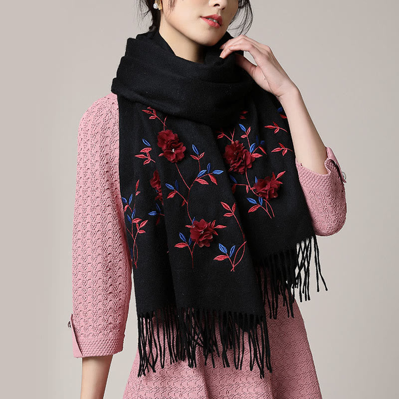 Wool Shawl 3D Floral Embroidery Tassel Winter Cozy Travel Scarf Wrap
