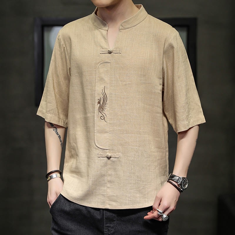 Frog-Button Phoenix Embroidery Chinese Tang Suit Short Sleeve Shirt Cotton Linen Men Clothing