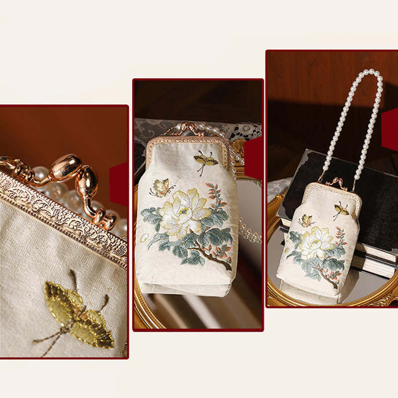 Small Flowers Butterfly Embroidered Pearl Metal Chain Shoulder Bag Crossbody Handbag Cellphone Bag