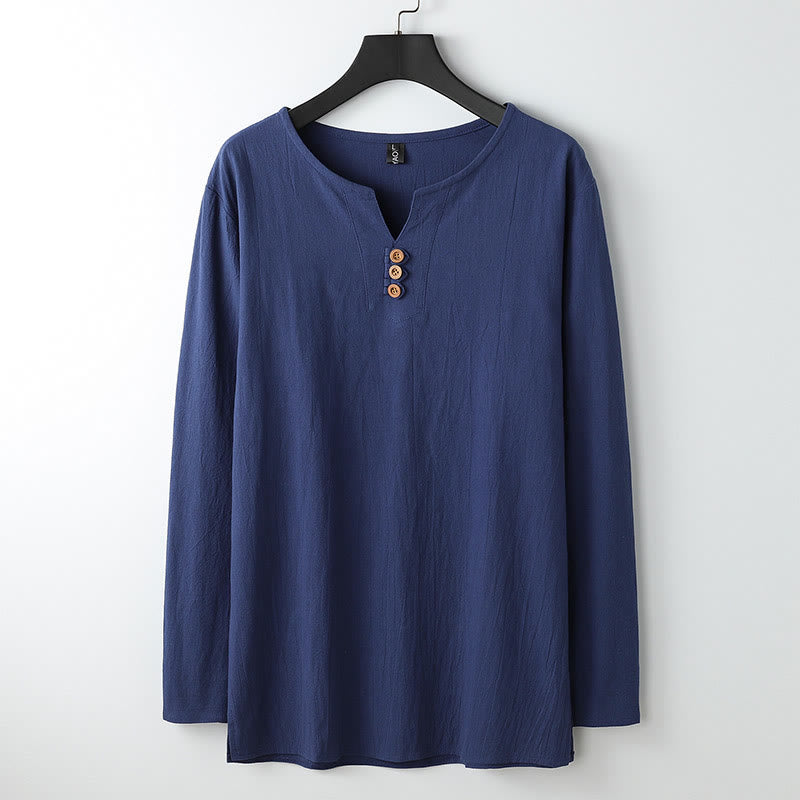 Solid Color Long Sleeve Button Shirt Cotton Linen Men Clothing