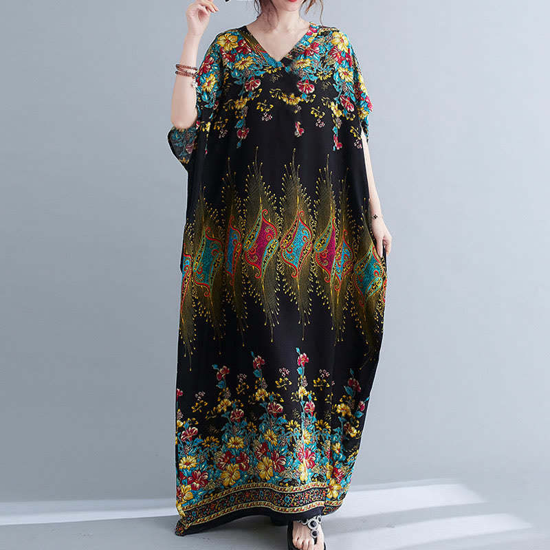 Casual Loose Printing Flower Pattern V-Neck Half Sleeve Design Polyester Midi Dress With Pockets