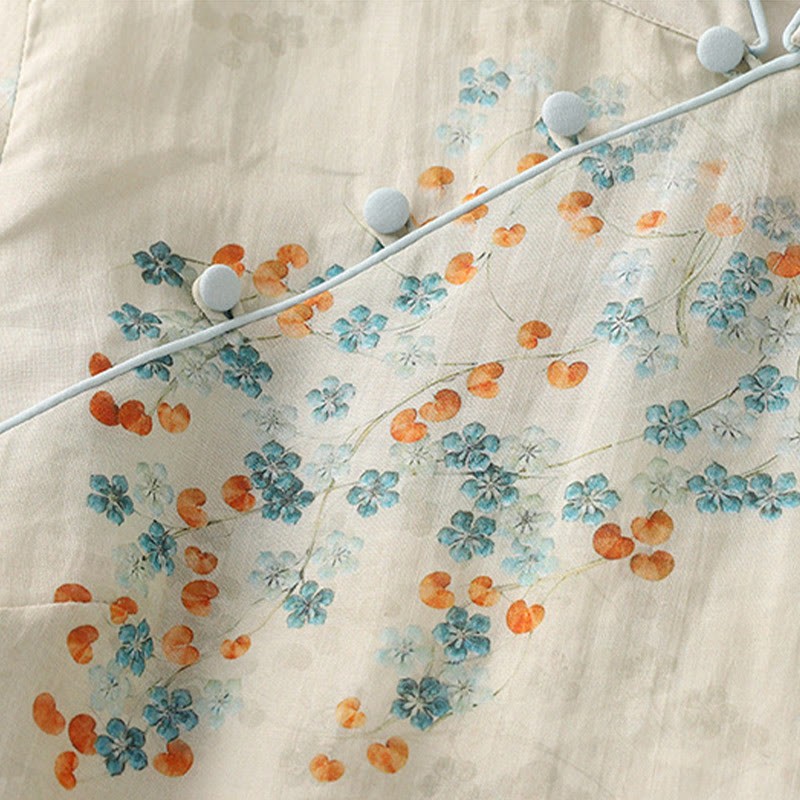 Blue Flowers Orange Leaves Frog-Button Three Quarter Sleeve Cotton Linen Shirt
