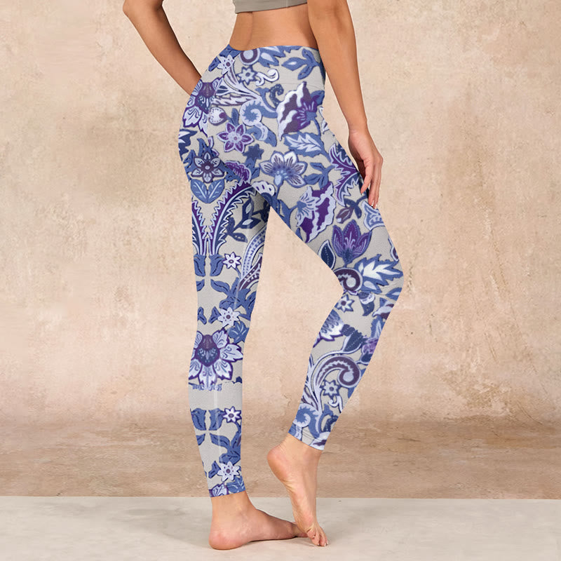 Purple Flower Leaves Print Gym Fitness Leggings Women's Yoga Pants
