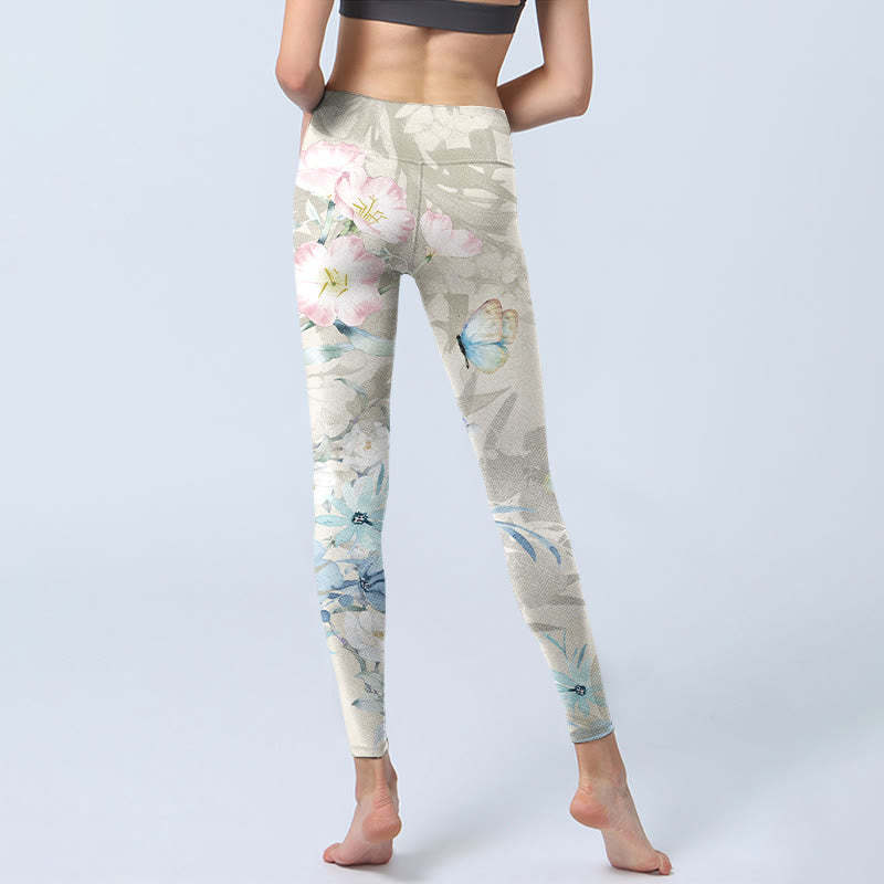Cherry Blossom Butterflies Print Gym Leggings Women's Yoga Pants