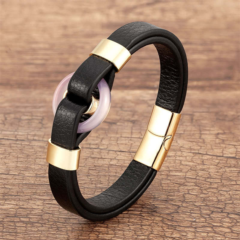 Round Green Aventurine Black Onyx Hematite Agate Rose Quartz Stone Balance Leather Magnetic Buckle Bracelet