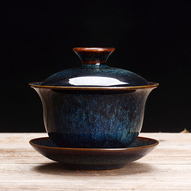 Vintage Kiln Change Design Ceramic Gaiwan Sancai Teacup Kung Fu Tea Cup And Saucer With Lid
