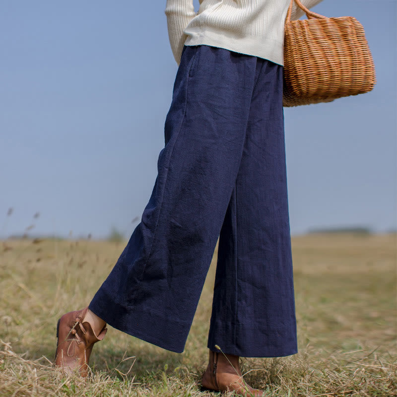 Casual Plain Loose Women's Ramie Wide Leg Pants With Pockets