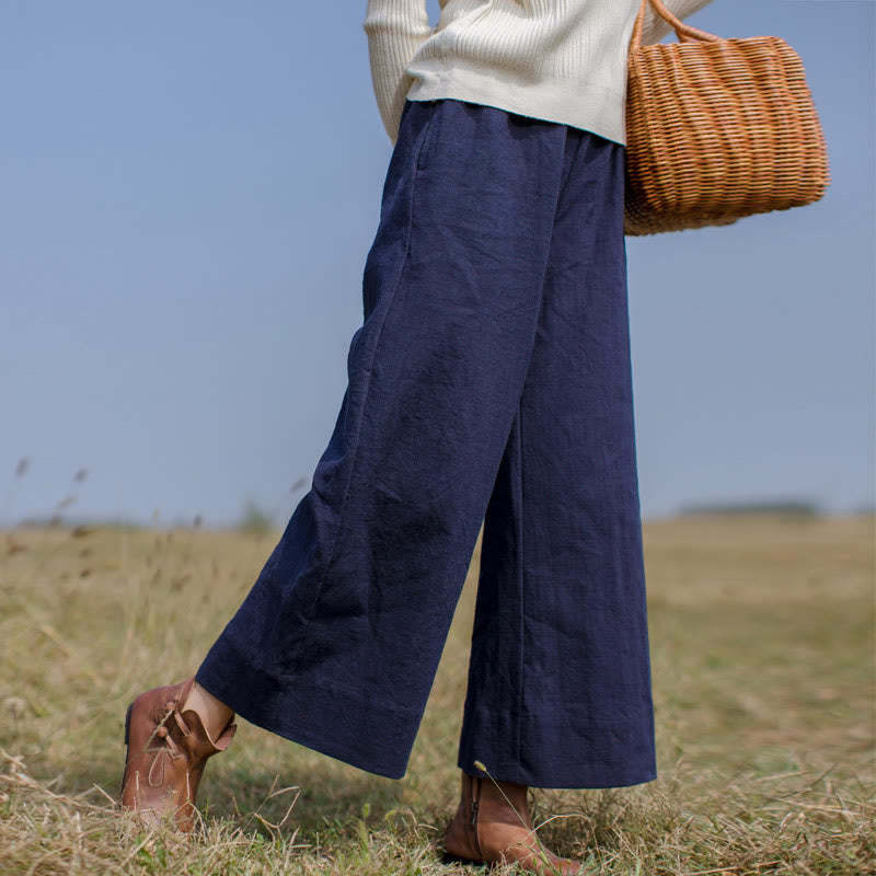 Casual Plain Loose Women's Ramie Wide Leg Pants With Pockets
