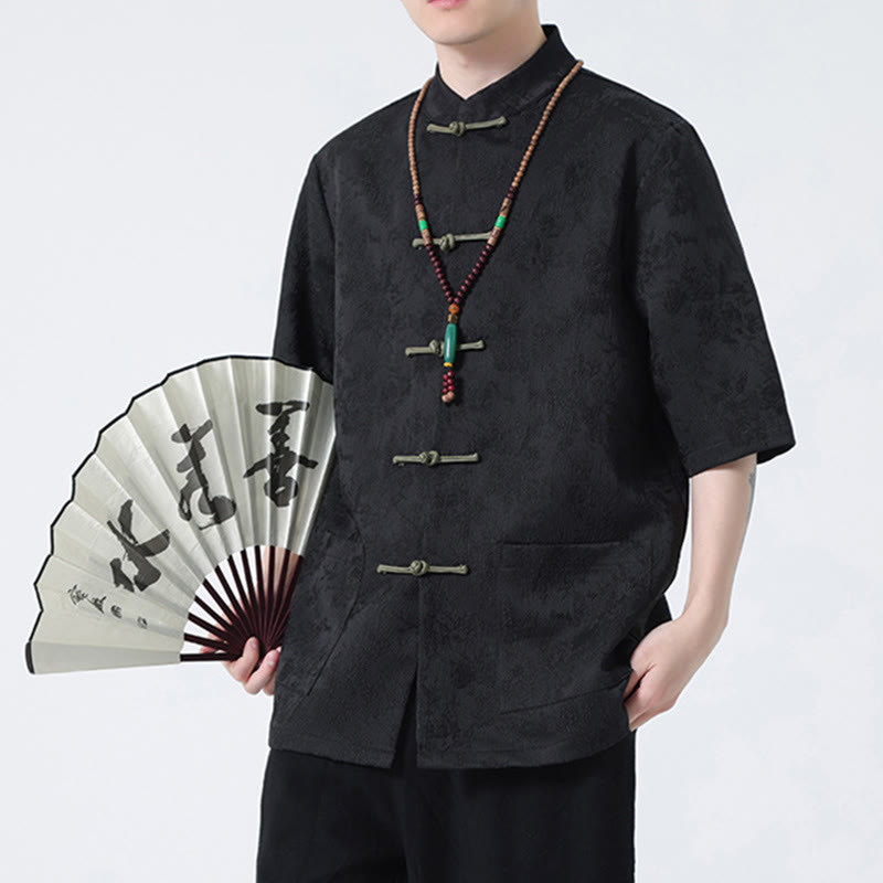 Solid Color Jacquard Frog-button Chinese Half Sleeve Shirt Men T-shirt