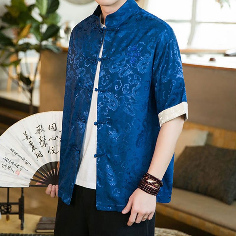 Chinese Tang Suit Frog-button Dragon Print Men's Half Sleeve Shirts