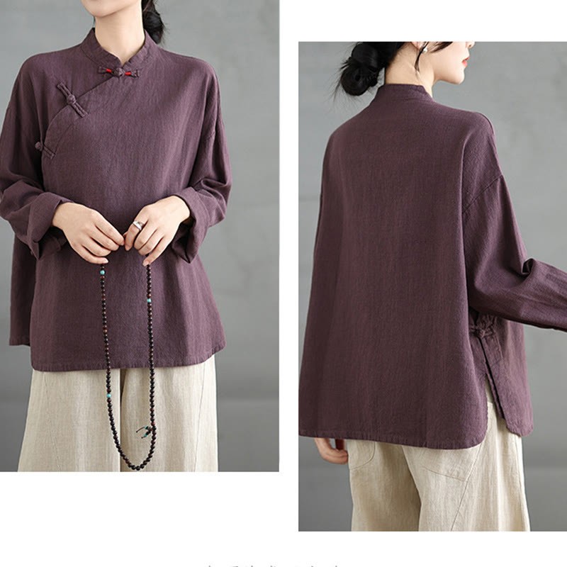 Solid Color Frog-Button Long Sleeve Women's Shirt