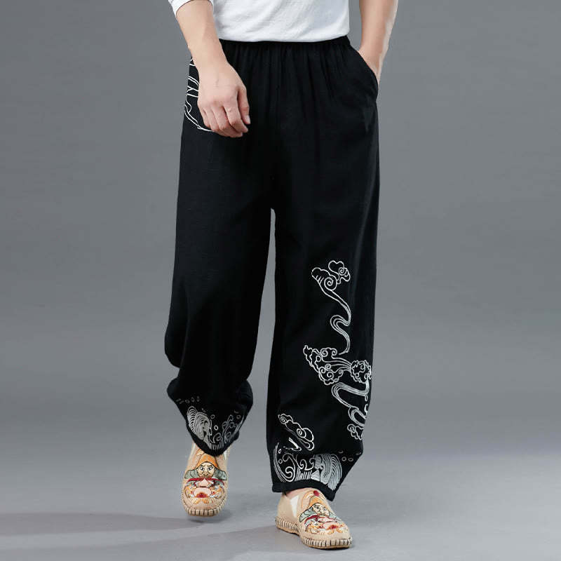 Clouds Elastic Waist Ethnic Cotton Men's Pants With Pockets
