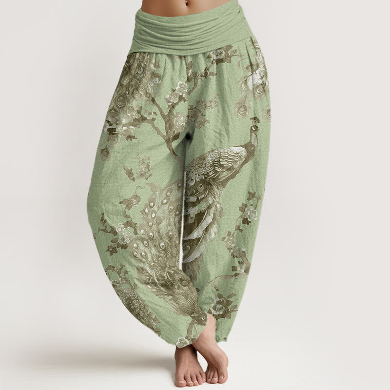 Casual Peacock Perched On Branch Petals Women's Elastic Waist Harem Pants