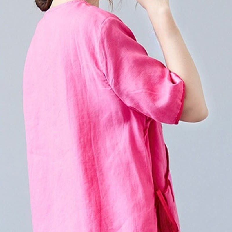 Summer Casual Ethnic Embroidery Flower Lace-up Short Sleeve V-neck Cotton Linen Women's T-Shirt