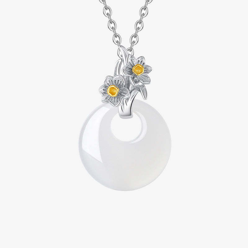 925 Sterling Silver Round Chalcedony Twelve Months Flower Harmony Necklace Pendant