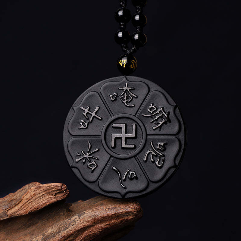 Natural Black Obsidian Tibetan Om Mani Padme Hum mystic zen Swastika Luck Necklace Pendant