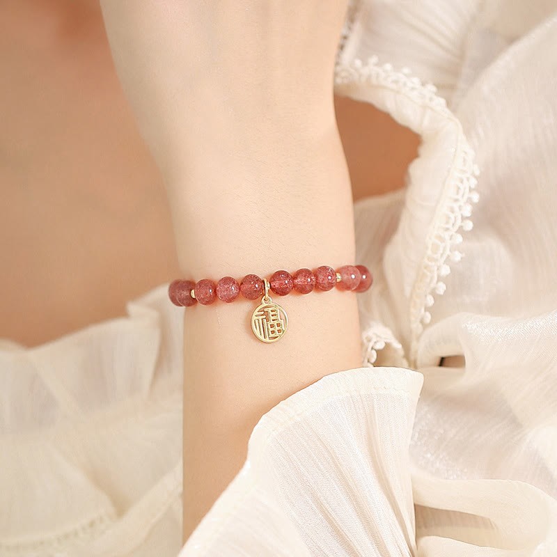 14K Gold Plated Strawberry Quartz Fu Character Healing Charm Bracelet