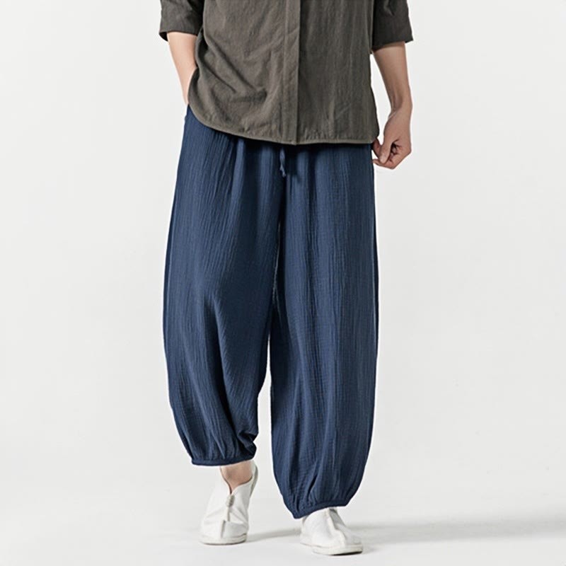 Soft Solid Color Drawstring Cotton Men's Pants With Pockets