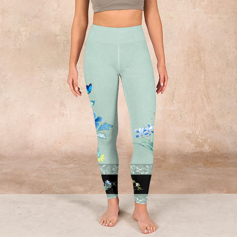 Mint Green Blue Peony Butterfly Print Sports Leggings Women's Yoga Pants