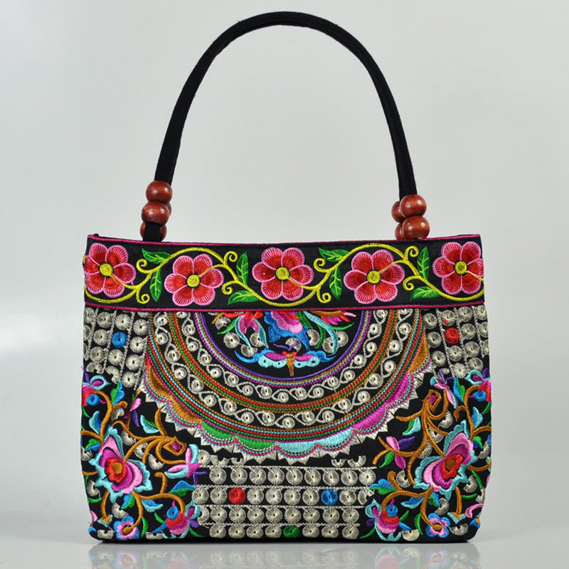 Money Tree Peony Phoenix Apple Blossom Double-Sided Embroidery Cotton Canvas Shopping Purse Handbag