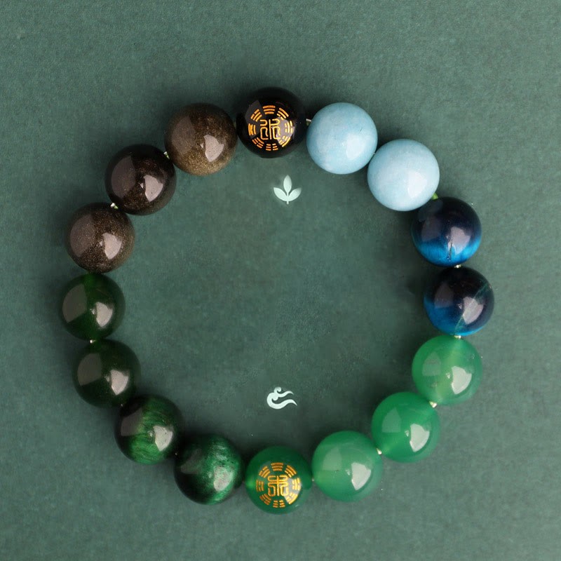 Five Elements Various Agate Crystal Black Onyx Green Chalcedony Aquamarine Wisdom Bracelet