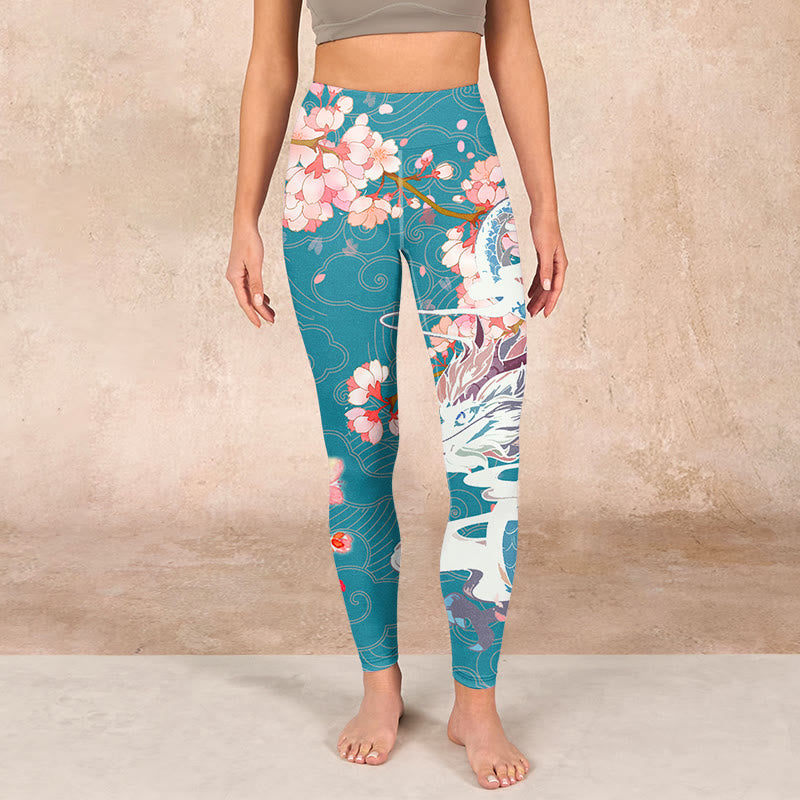 Dragon Cherry Blossoms Print Gym Leggings Women's Yoga Pants
