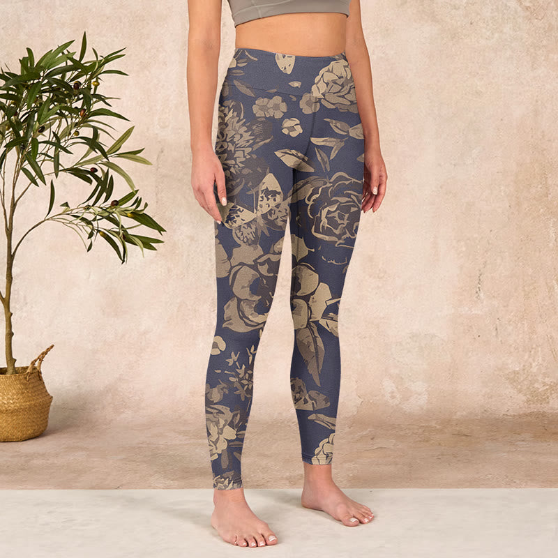 Peony Flowers Leaves Blossom Print Gym Fitness Leggings Women's Yoga Pants