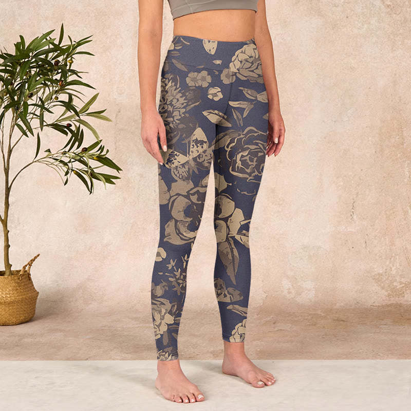Peony Flowers Leaves Blossom Print Gym Fitness Leggings Women's Yoga Pants