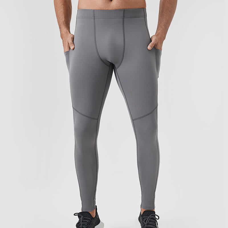 Solid Color High Waist Elastic Breathable Sports Men's Leggings Pants With Back Zipper Pocket