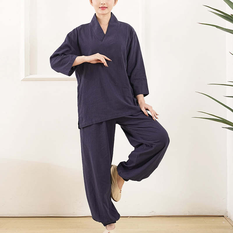 2Pcs V-Neck Three Quarter Sleeve Shirt Top Pants Meditation Zen Tai Chi Cotton Linen Clothing Women's Set