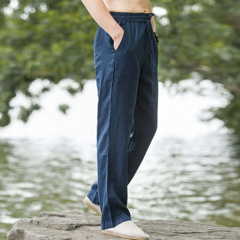 Solid Color Linen Men's Wide Leg Pants With Pockets