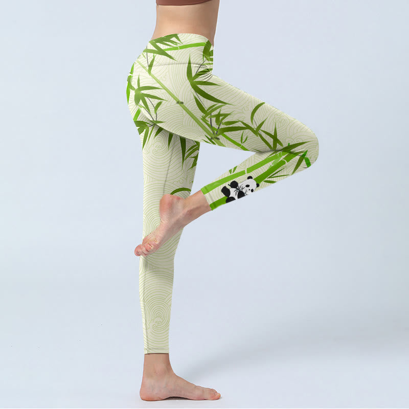 Lush Bamboo Panda Auspicious Cloud Waves Print Gym Leggings Women's Yoga Pants