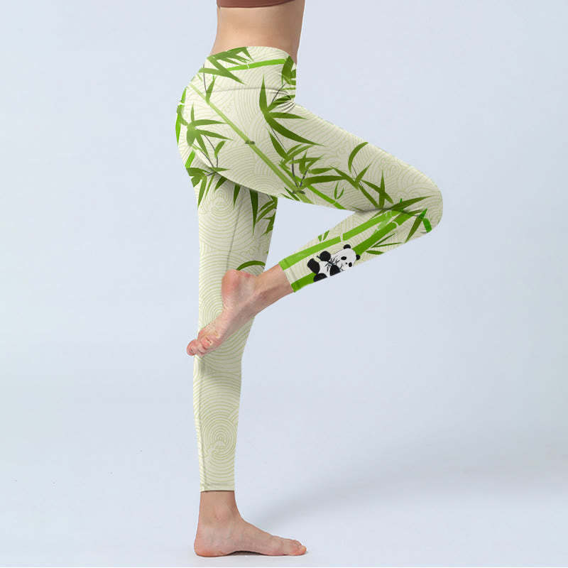 Lush Bamboo Panda Auspicious Cloud Waves Print Gym Leggings Women's Yoga Pants