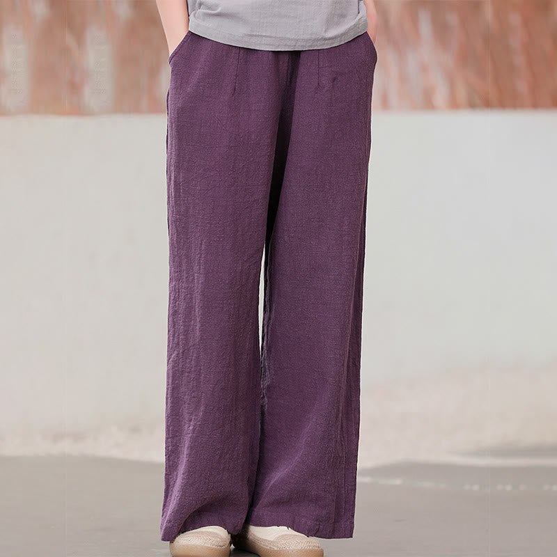 Casual Plain Loose Straight Leg Women's Ramie Cotton Wide Leg Pants With Pockets