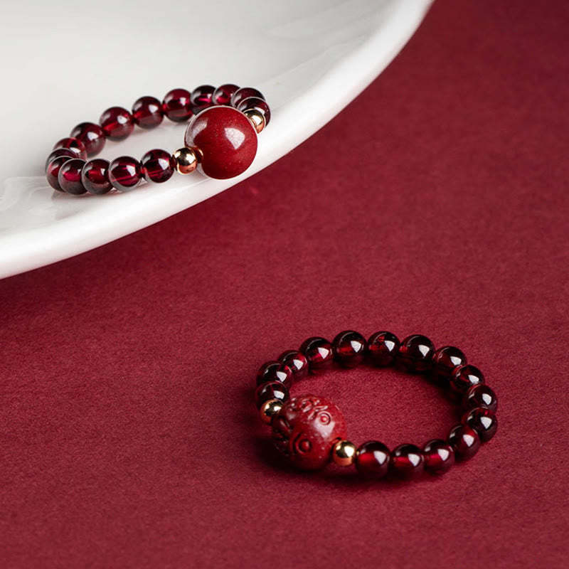 Garnet Cinnabar Lucky Bead PiXiu Om Mani Padme Hum Rose Protection Ring