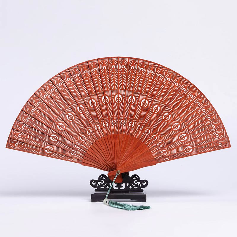 Crane Peacock Chang'e Moon Engraved Pattern Handheld Small Leaf Red Sandalwood Folding Fan