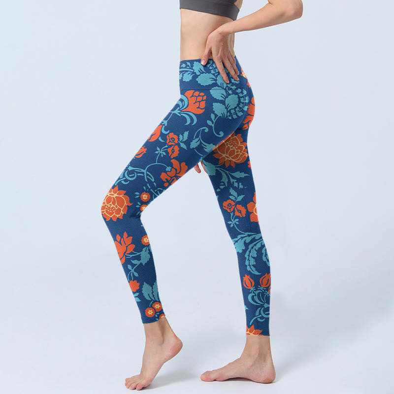 Steel Blue Red Tulips Flowers Leaves Print Gym Leggings Women's Yoga Pants