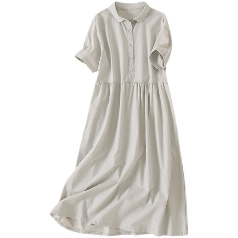 Summer Buttons Design Short Sleeve Cotton Linen Midi Dress With Pockets