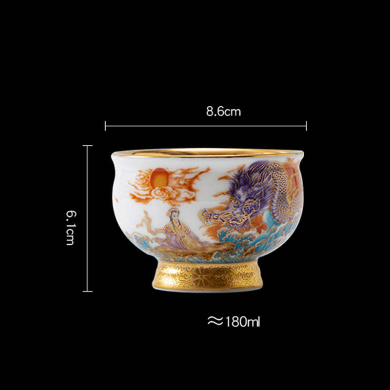 Golden Eagle Auspicious Dragon Sun Ocean Waves Gilt Ceramic Teacup Kung Fu Tea Cup
