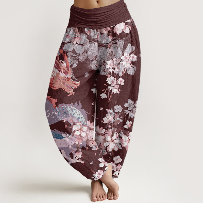 Casual Dragon Cherry Blossoms Women's Elastic Waist Harem Pants