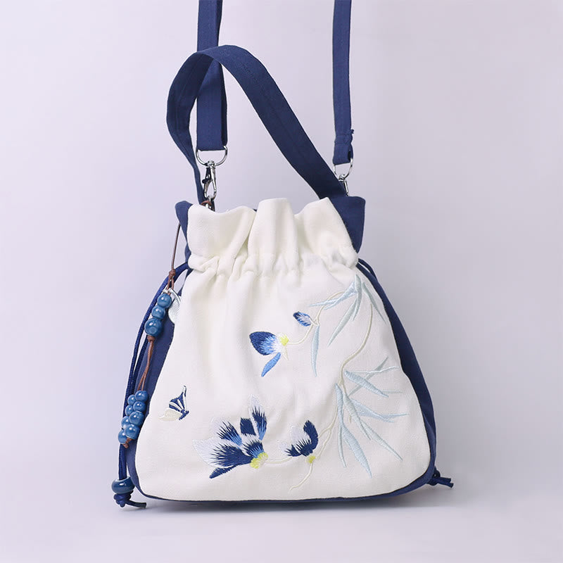 Embroidered Butterfly Lotus Magnolia Cotton Linen Tote Crossbody Bag Shoulder Bag Handbag