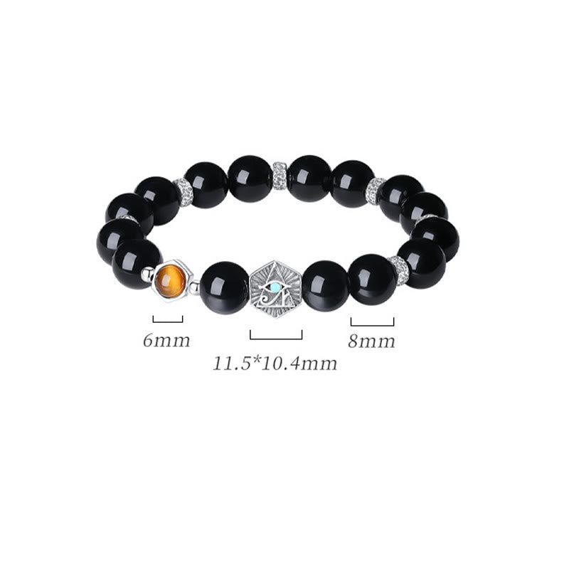 925 Sterling Silver Black Obsidian Tiger Eye Eye of Providence Purification Bracelet