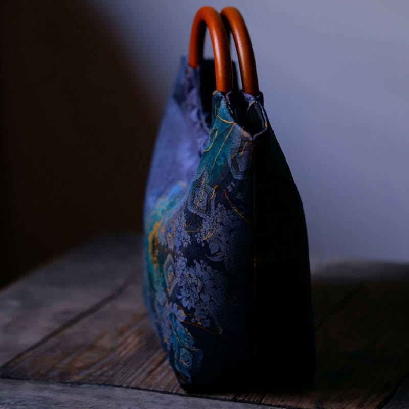 Peony Flower Bamboo Leaves Bird Solid Wood Handle Handbag