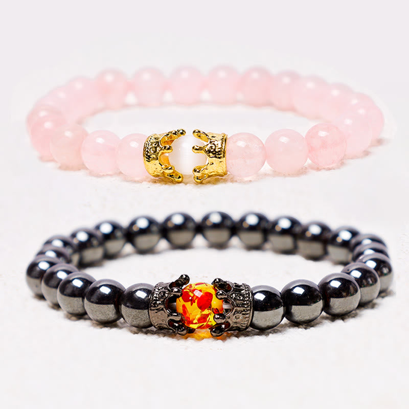 Natural Stone King&Queen Crown Healing Energy Beads Couple Bracelet