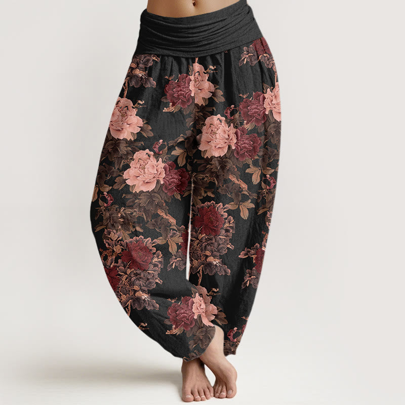 Casual Lush Peony Flowers Leaf Pattern Women's Elastic Waist Harem Pants
