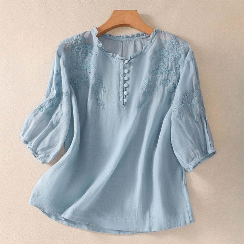 Casual Plain Button Floral Embroidered Design Puff Half Sleeve Cotton Linen Women's Shirt