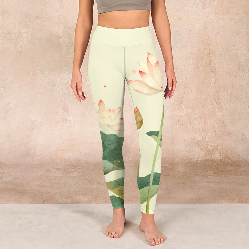 Lotus Flower Leaf Dragonfly Print Fitness Leggings Women's Yoga Pants