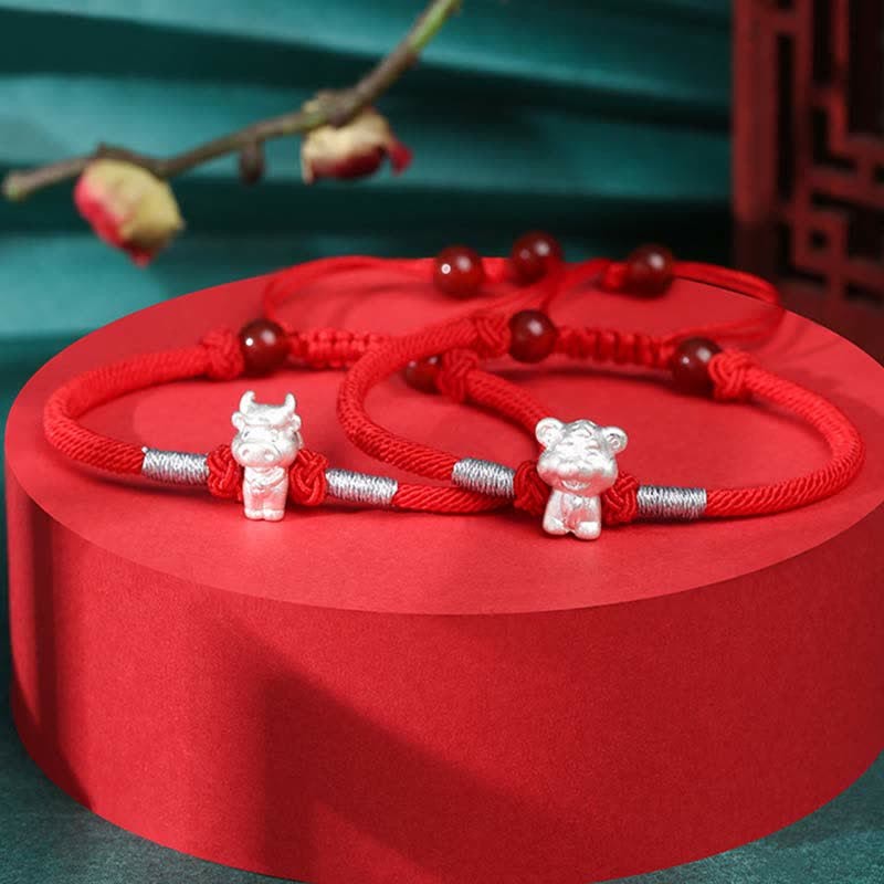 999 Sterling Silver Chinese Zodiac Luck Strength Red String Bracelet